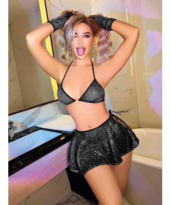 Bicomi Siyah Parlak Etekli Sütyen Takımı