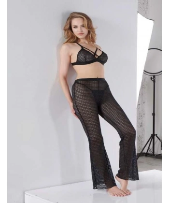 Bicomi Siyah Transparan Göğüs İp Detaylı Fantezi Sütyen Pijama Takımı