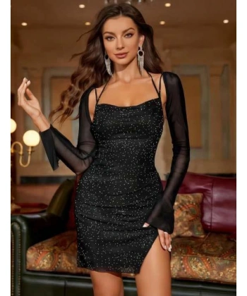 Bicomi Siyah Yırtmaç Detay Simli Fantezi Mini Club Elbisesi