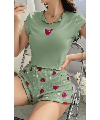 Bicomi Yeşil Çilek Desenli Askılı Şortlu Pijama Takım