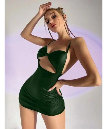 Bicomi Yeşil Göğüs Dekolteli Fantezi Lame Deri Elbise