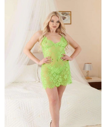 Bicomi Yeşil Transparan Dantel İşlemeli Fantezi Gecelik