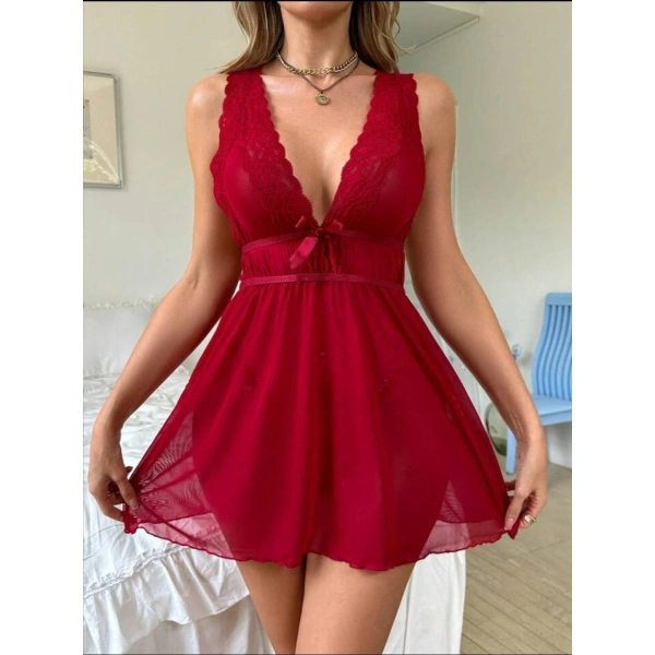 Bicomi Kırmızı Dantel İşlemeli Tül Fantezi Gecelik