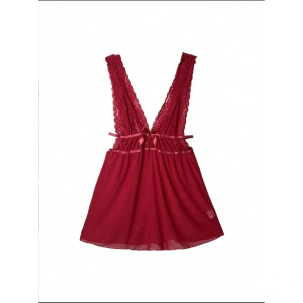 Bicomi Kırmızı Dantel İşlemeli Tül Fantezi Gecelik