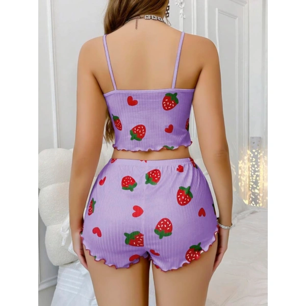 Bicomi Pamuklu Lila Üstüne Çilek Desen Fitilli Askılı Şortlu Pijama Takımı