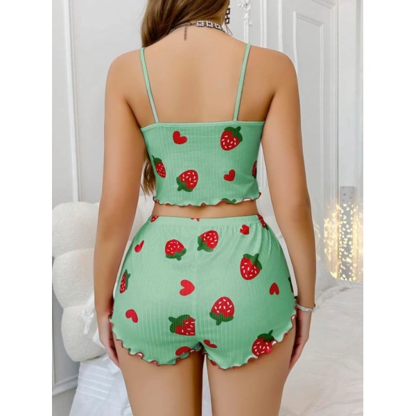 Bicomi Pamuklu Yeşil Üstüne Çilek Desen Fitilli Askılı Şortlu Pijama Takımı