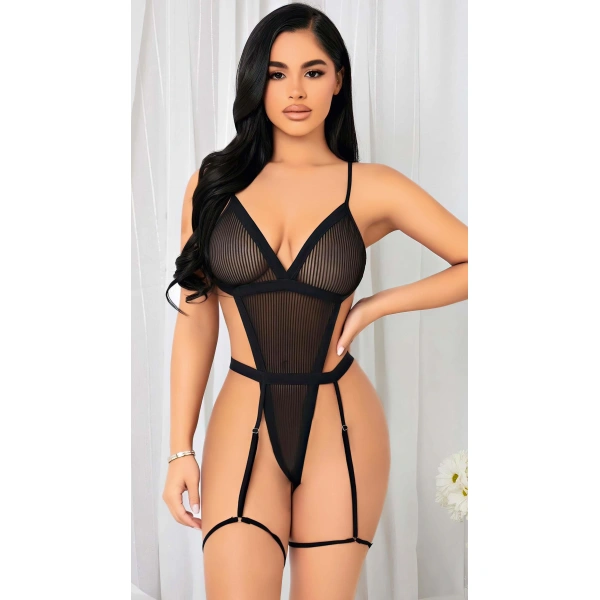 Bicomi Siyah İp Detaylı Tül Fantezi Body