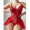Bicomi Kırmızı Dantel Detaylı Önü Dekolteli Fantezi Babydoll