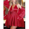 Bicomi Özel Tasarım Boyundan Bağlamalı Göğüs Dekolteli Sabahlıklı 2li Kırmızı Saten Gecelik Takımı