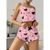 Bicomi Pamuklu Pembe Üstüne Siyah Kalp Desenli Askılı Fitilli Şortlu Pijama Takımı