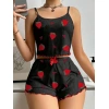 Bicomi Pamuklu Siyah Üstüne Çilek Desen Fitilli Askılı Şortlu Pijama Takımı