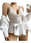 Bicomi Beyaz Dantel İşlemeli Kurdelalı Fantezi Tül Babydoll