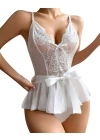 Bicomi Beyaz Dantel İşlemeli Kurdelalı Fantezi Tül Babydoll