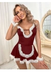 Bicomi Bordo Beyaz Aksesuarlı Dantelli Fantezi Hizmetçi Kostümü