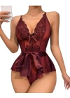 Bicomi Bordo Dantel İşlemeli Kurdelalı Fantezi Tül Babydoll