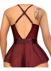 Bicomi Bordo Dantel İşlemeli Kurdelalı Fantezi Tül Babydoll