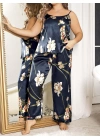 Bicomi Büyük Beden Mavi Üstüne Çiçek Desenli İnce Askılı 2li Saten Pijama Takımı