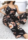 Bicomi Büyük Beden Siyah Üstüne Çiçek Desenli İnce Askılı 2li Pijama Takımı