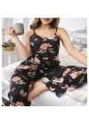 Bicomi Büyük Beden Siyah Üstüne Çiçek Desenli İnce Askılı 2li Pijama Takımı