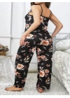 Bicomi Büyük Beden Siyah Üstüne Çiçek Desenli İnce Askılı 2li Pijama Takımı