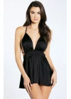 Bicomi Çarpraz Askılı Fantazi Siyah Saten Babydoll