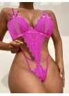 Bicomi Fiyonklu Dantelli Fuşya Fantezi Body