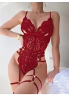 Bicomi Kırmızı Dantel İşlemeli Fantezi Body Jartiyer Takımı