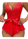 Bicomi Kırmızı Dantel İşlemeli Kurdelalı Fantezi Tül Babydoll