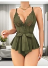 Bicomi Koyu Yeşil Dantel İşlemeli Kurdelalı Fantezi Tül Babydoll
