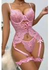 Bicomi Özel Tasarım Dantelli Fantezi Pembe Jartiyer Takımı