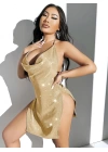 Bicomi Özel Tasarım Gold Derin Yırtmaçlı Işıltılı Sırt Dekolteli Degajeli Fantezi Mini Club Elbisesi