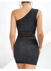Bicomi Özel Tasarım Siyah Tek Omuz Dekolteli Işıltılı Fantezi Mini Club Elbisesi