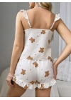 Bicomi Pamuklu Ayıcık Desen Fırfırlı Askılı Şortlu Pijama Takımı