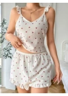 Bicomi Pamuklu Beyaz Üstüne Kiraz Desen Fırfır Askılı Şortlu Pijama Takımı