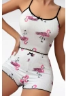 Bicomi Pamuklu Beyaz Üstüne Pelikan Desen Fitilli Askılı Şortlu Pijama Takımı