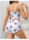 Bicomi Pamuklu Beyaz Üstüne Pembe Kurdela Desenli Fitilli Askılı Şortlu Pijama Takımı