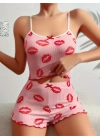 Bicomi Pamuklu Kiss Öpücük Desen Pembe Şortlu Pijama Takımı