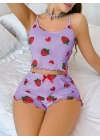 Bicomi Pamuklu Lila Üstüne Çilek Desen Fitilli Askılı Şortlu Pijama Takımı
