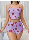Bicomi Pamuklu Lila Üstüne Çilek Desen Fitilli Askılı Şortlu Pijama Takımı