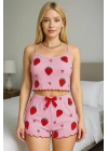 Bicomi Pamuklu Pembe Üstüne Çilek Desen Fitilli Askılı Şortlu Pijama Takımı