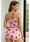 Bicomi Pamuklu Pembe Üstüne Çilek Desen Fitilli Askılı Şortlu Pijama Takımı