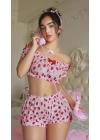 Bicomi Pembe Çilek Desenli Şortlu Fantezi Sütyen Takımı