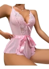 Bicomi Pembe Dantel İşlemeli Kurdelalı Fantezi Tül Babydoll