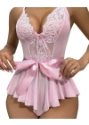 Bicomi Pembe Dantel İşlemeli Kurdelalı Fantezi Tül Babydoll