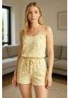 Bicomi Sarı Üstüne Desenli Askılı Şortlu Pijama Takımı