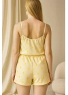 Bicomi Sarı Üstüne Desenli Askılı Şortlu Pijama Takımı