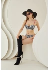 Bicomi Siyah Beyaz Desenli Kırmızı İp Askılı Lotus Bikini Takımı