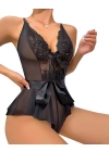 Bicomi Siyah Dantel İşlemeli Kurdelalı Fantezi Tül Babydoll