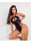Bicomi Siyah Göğüs Dekolteli Fantezi Parlak Deri Body