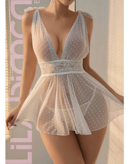 Bicomi Beyaz Dantel İşlemeli Puantiyeli Tül Fantezi Gecelik